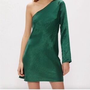 Free People X Third Form Green Mini Dress 4/S One Shoulder Crinkle Witchy Fairy